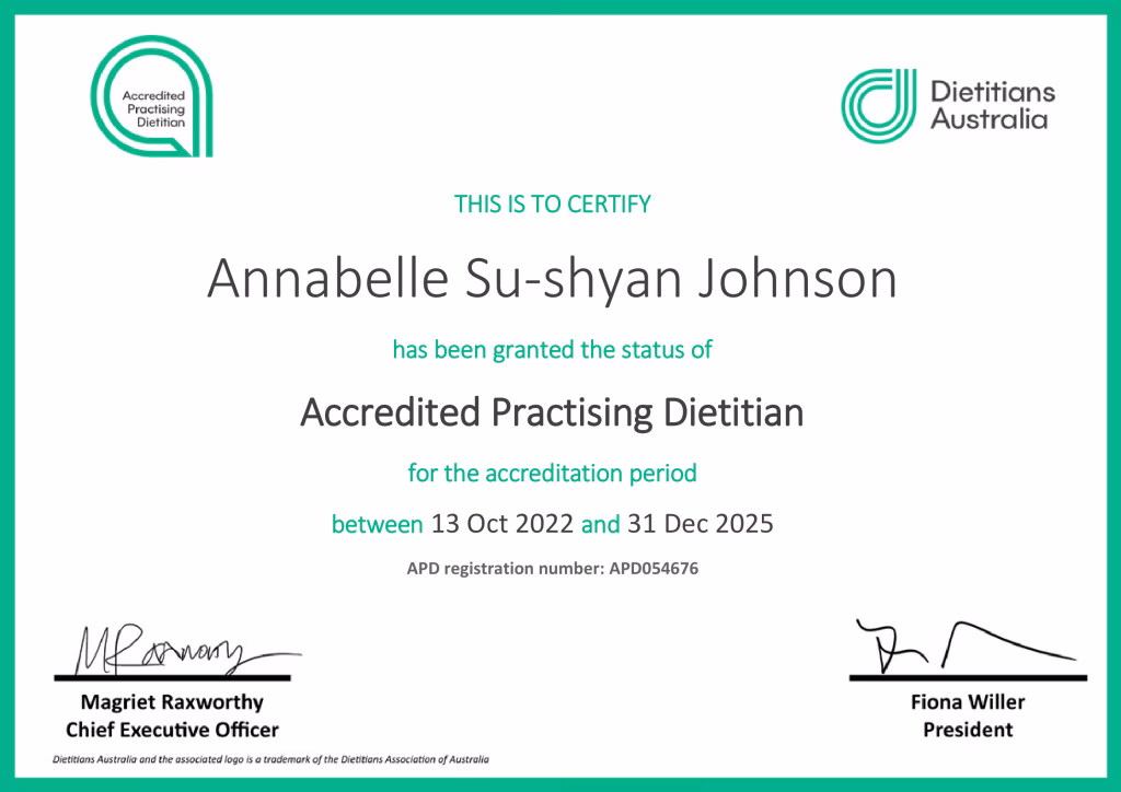 Annabelle Johnson - Australia Accredited Practising Dietitian Certificate