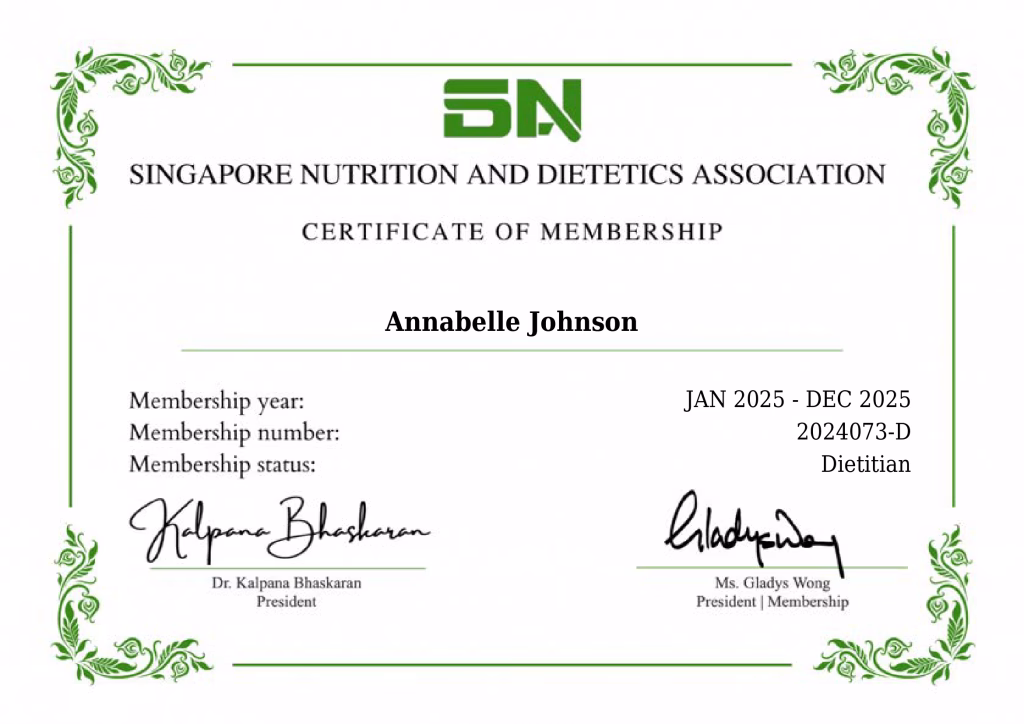Annabelle Johnson - Singapore Nutrition and Dietetics Association Member Certificate