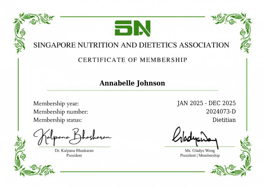 Annabelle Johnson - Singapore Nutrition and Dietetics Association Member Certificate
